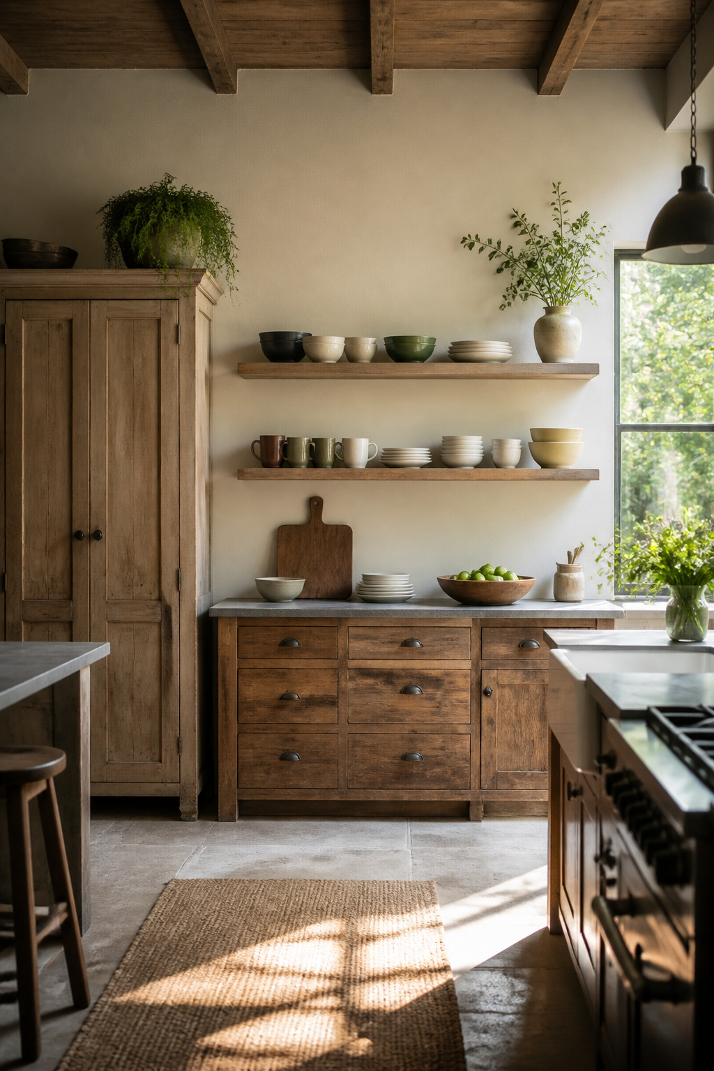 7 Open Kitchen Shelf Styling Ideas That Balance Form and Function 5 Open kitchen shelf displaying practical items like everyday plates and mugs.