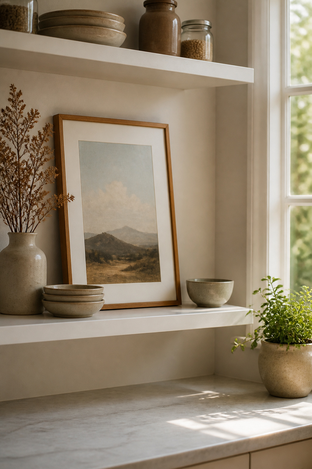 7 Open Kitchen Shelf Styling Ideas That Balance Form and Function 6 Open kitchen shelf featuring a framed print alongside kitchenware.