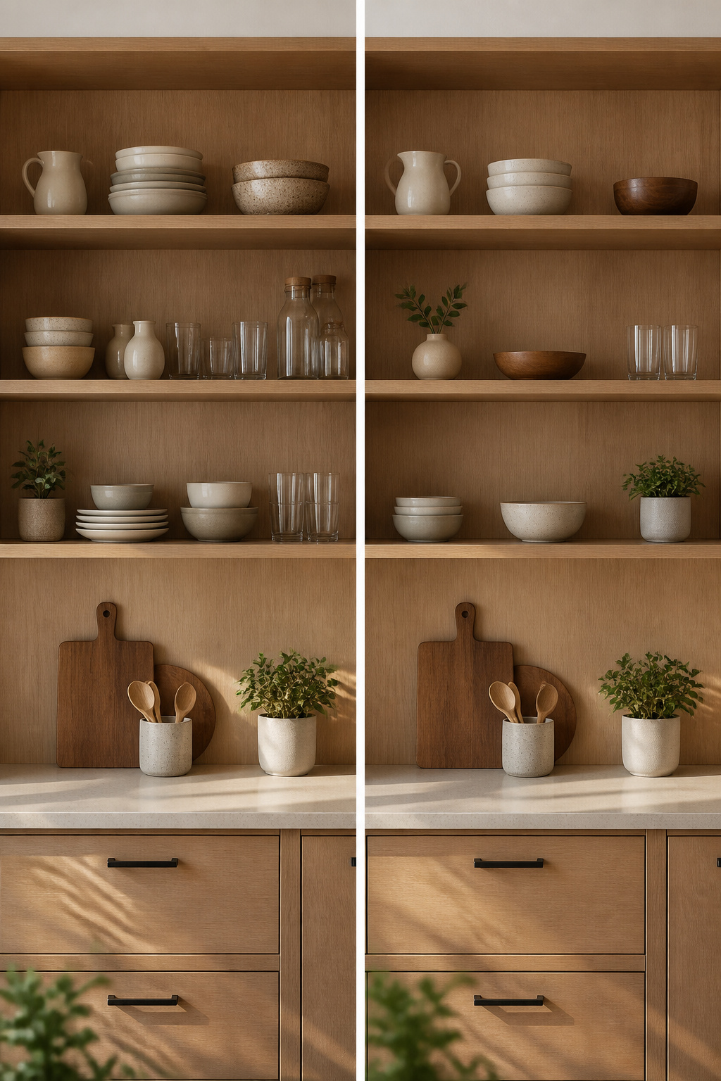 7 Open Kitchen Shelf Styling Ideas That Balance Form and Function 9 Open kitchen shelf with items grouped in clusters for better organization.