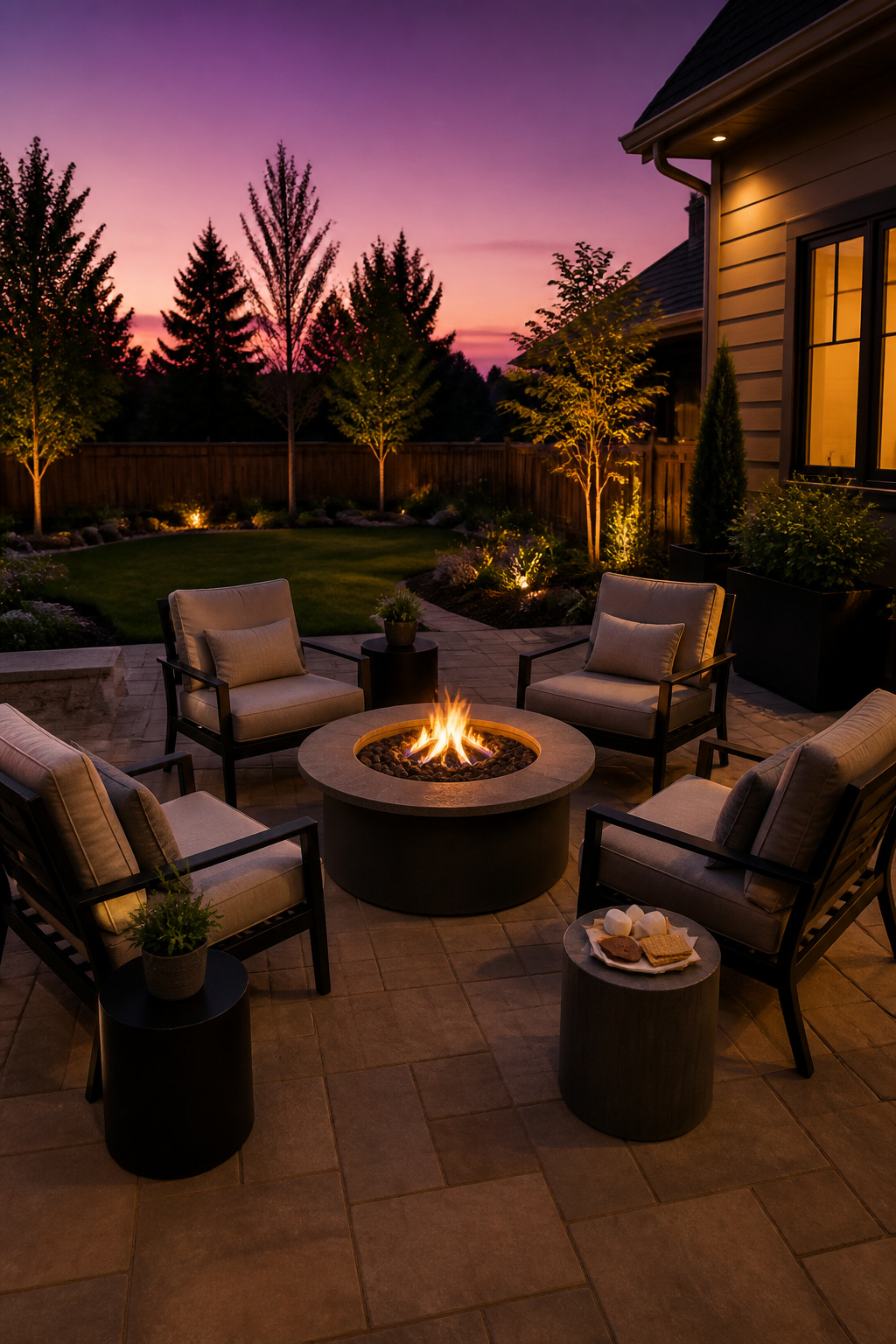 A propane fire pit with flames in a backyard setting.