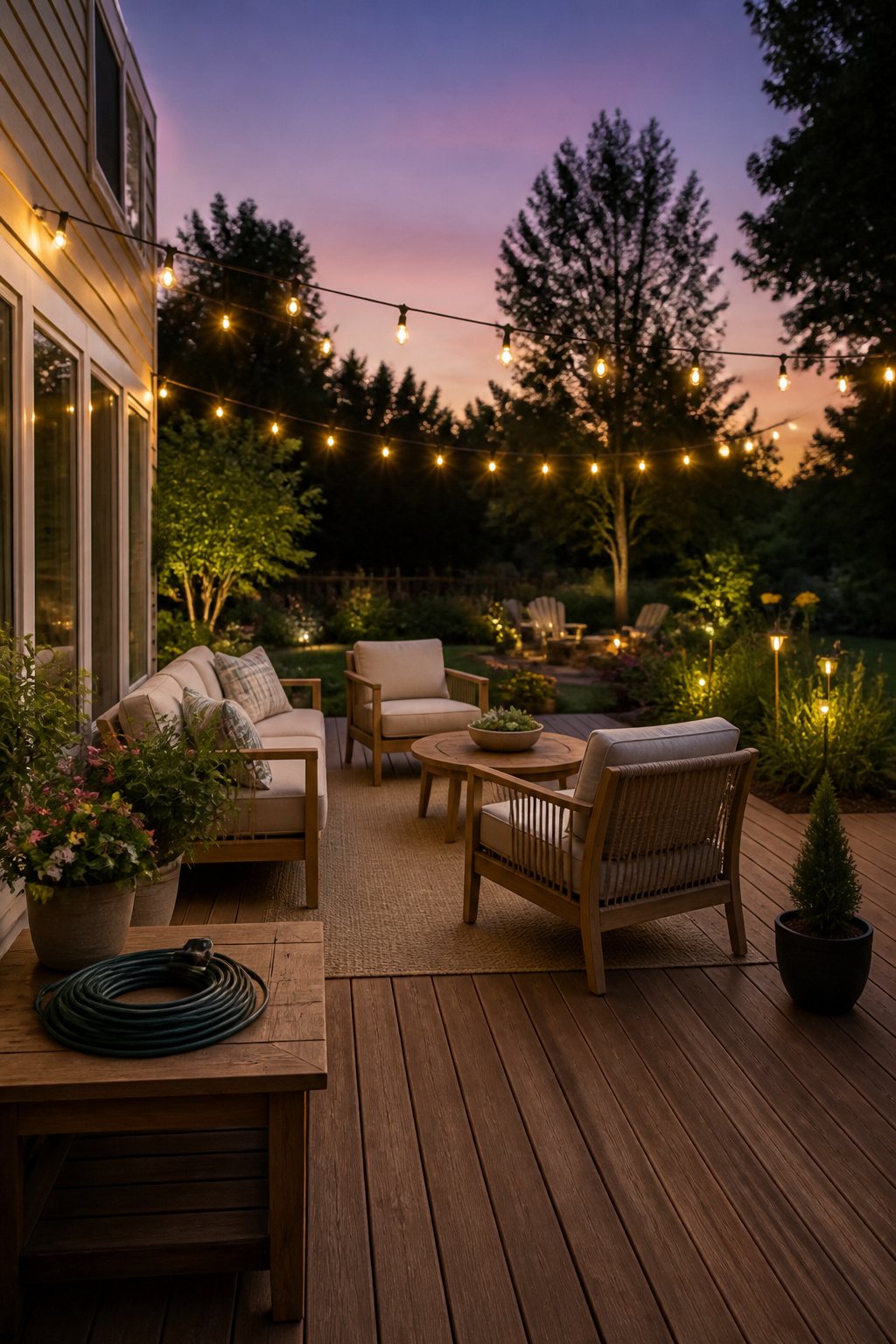 Outdoor string lights hanging above a patio area.