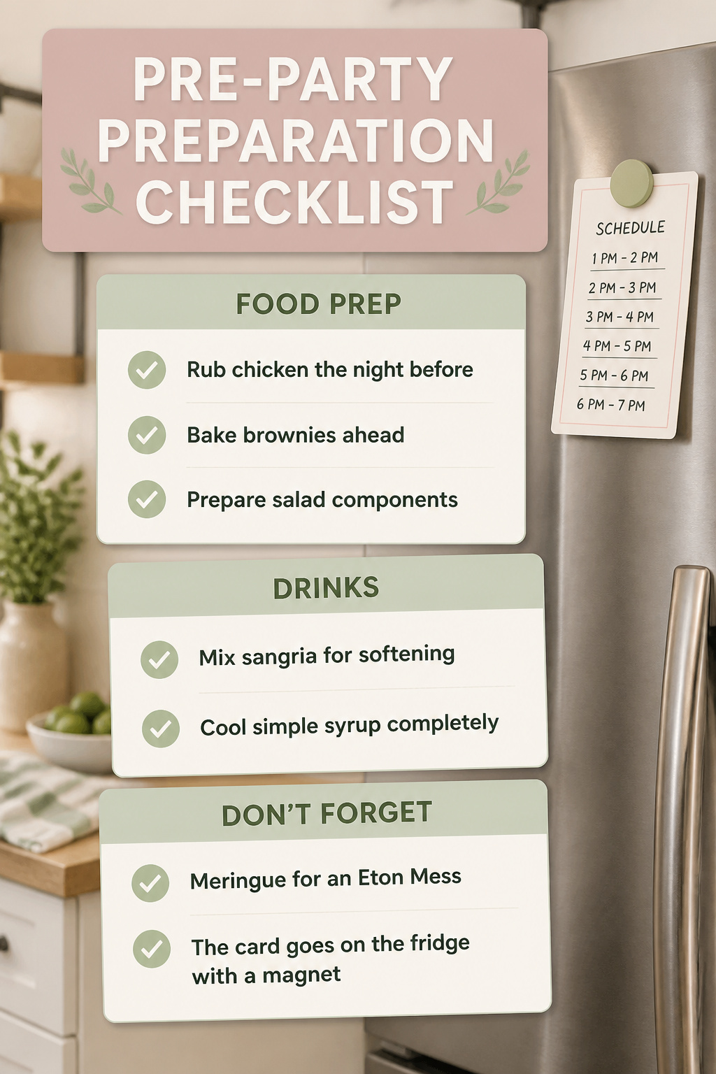 A preparation checklist displayed on a fridge.