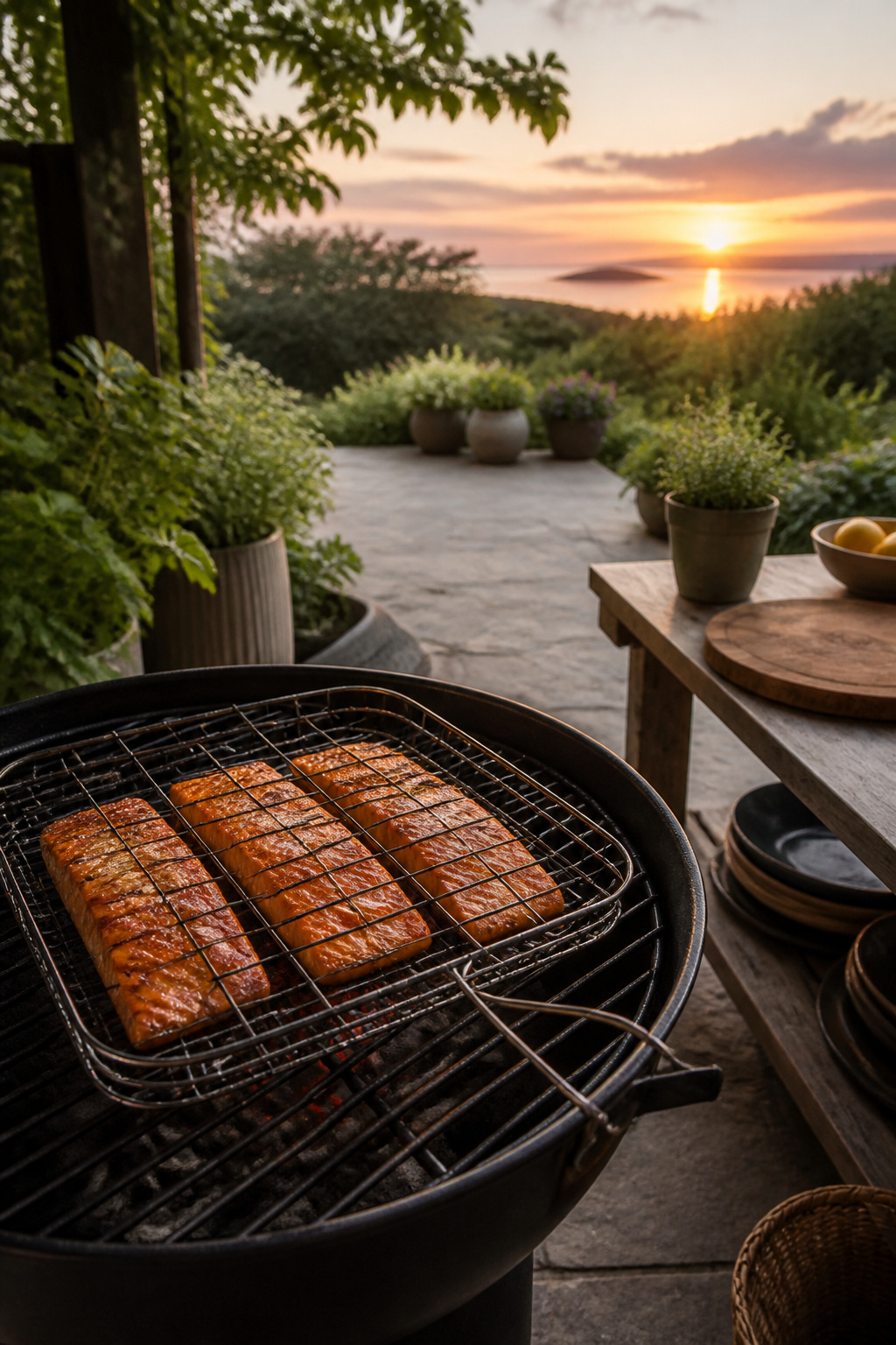 Salmon filets in a wire basket on a charcoal grill.