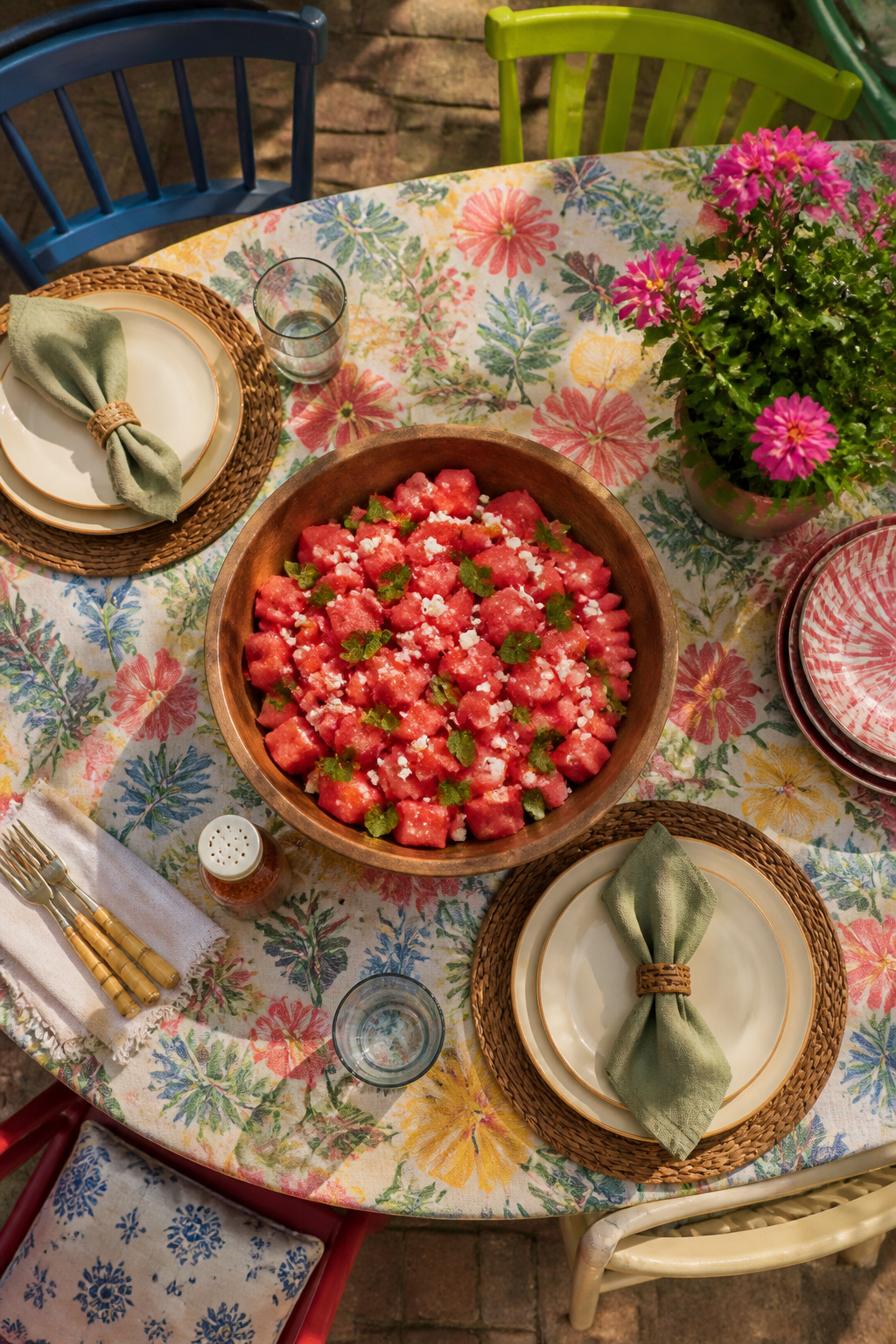 A bowl of watermelon feta salad with mint and Tajín.