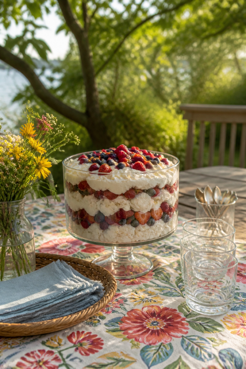 A large trifle bowl with meringue, cream, and mixed berries.