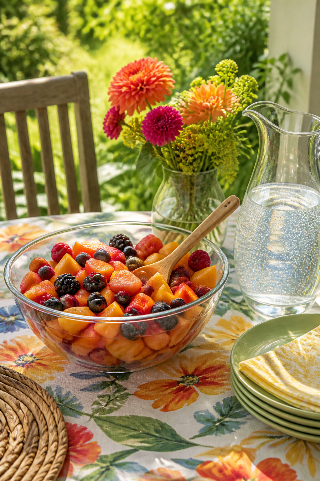 A glass bowl filled with assorted fruit salad.