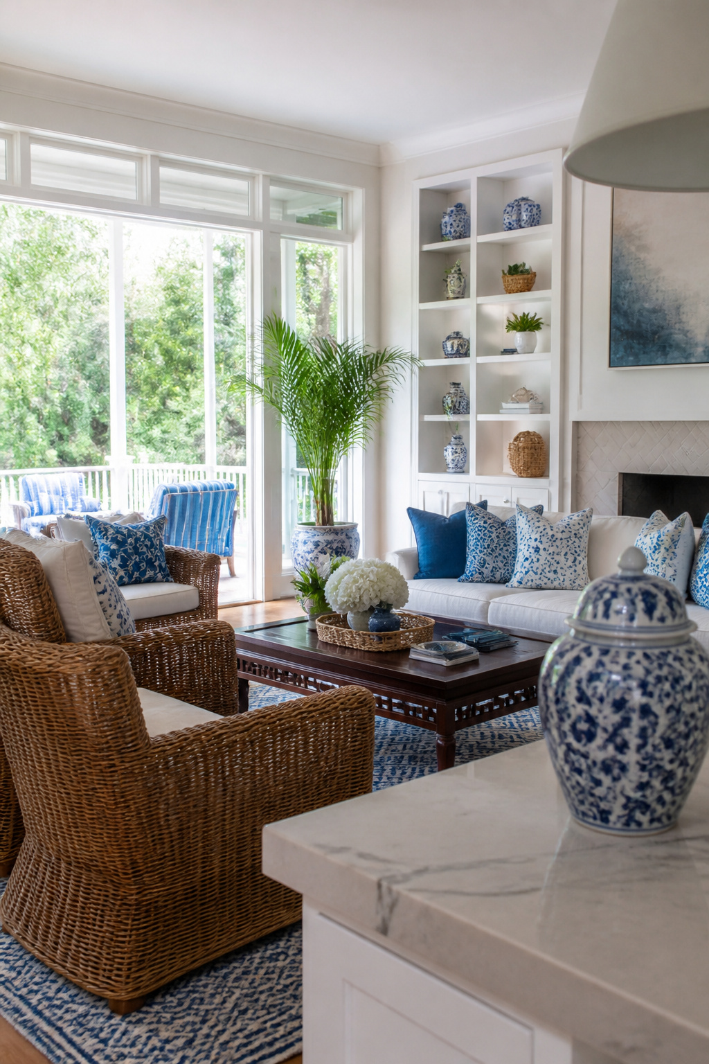 10 Summer Home Decor Inspiration Ideas for Easy Warm-Weather Style 2 Oversized wicker armchairs and blue-and-white decor in a cozy living room.