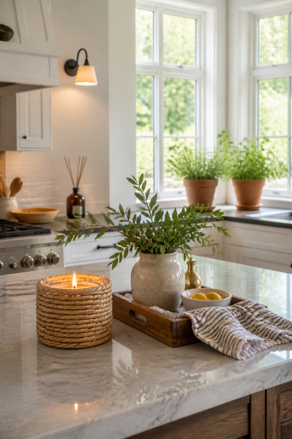 10 Summer Home Decor Inspiration Ideas for Easy Warm-Weather Style 8 A wicker candle on a kitchen island with terracotta pots.