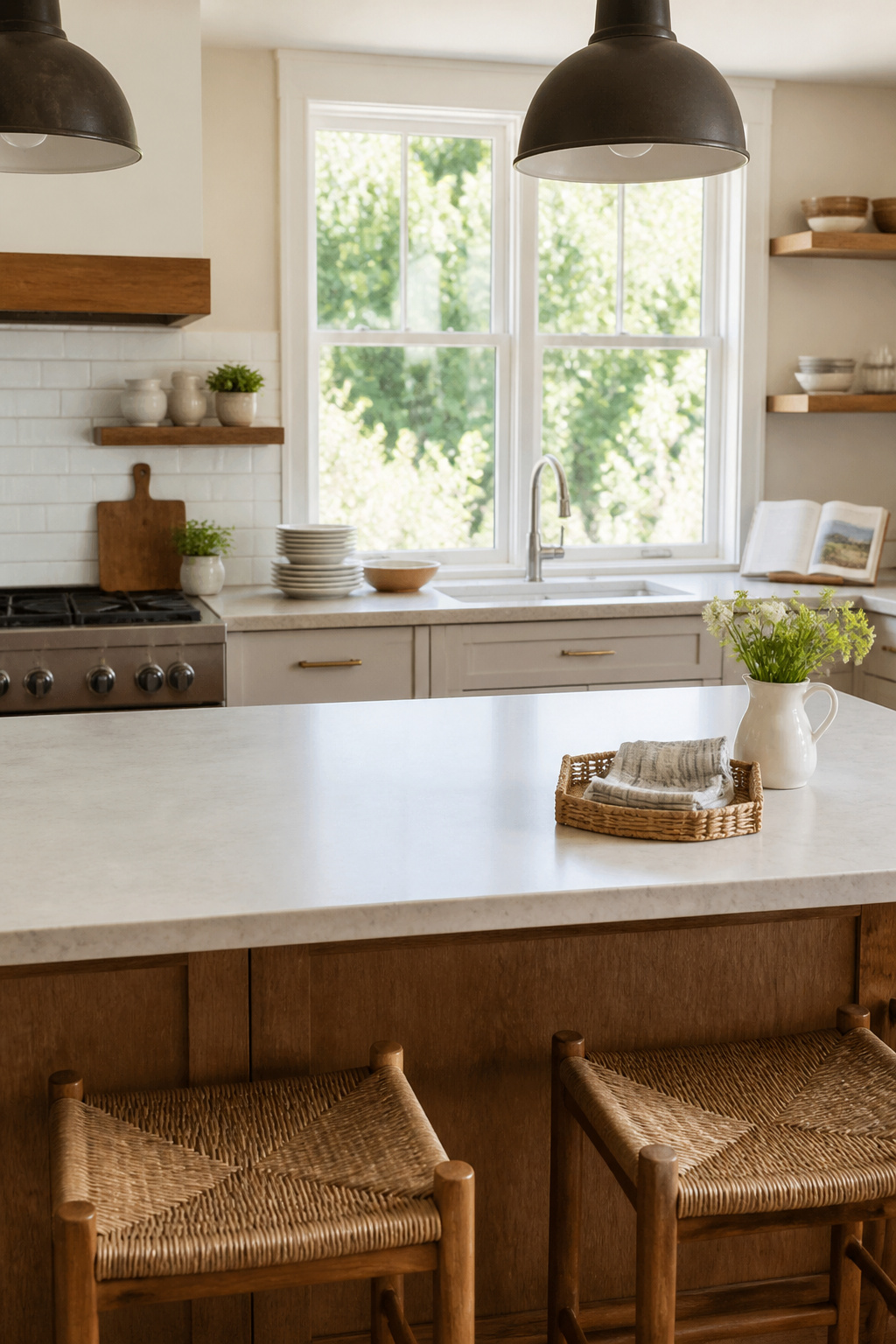 A clear kitchen countertop with minimal summer decor.