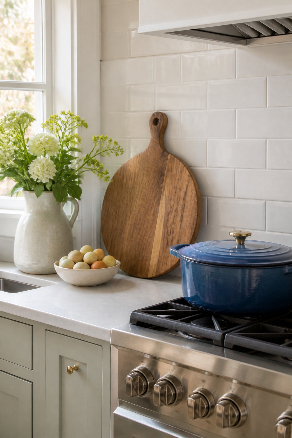 Wooden cutting board and colorful items on a kitchen countertop.