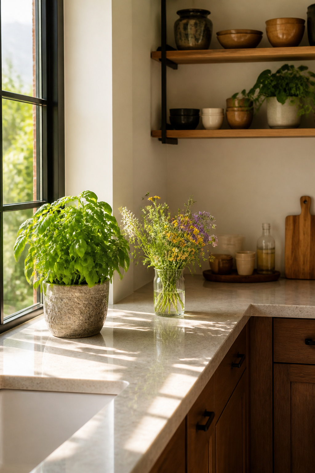 Basil plant and wildflowers on a kitchen windowsill.