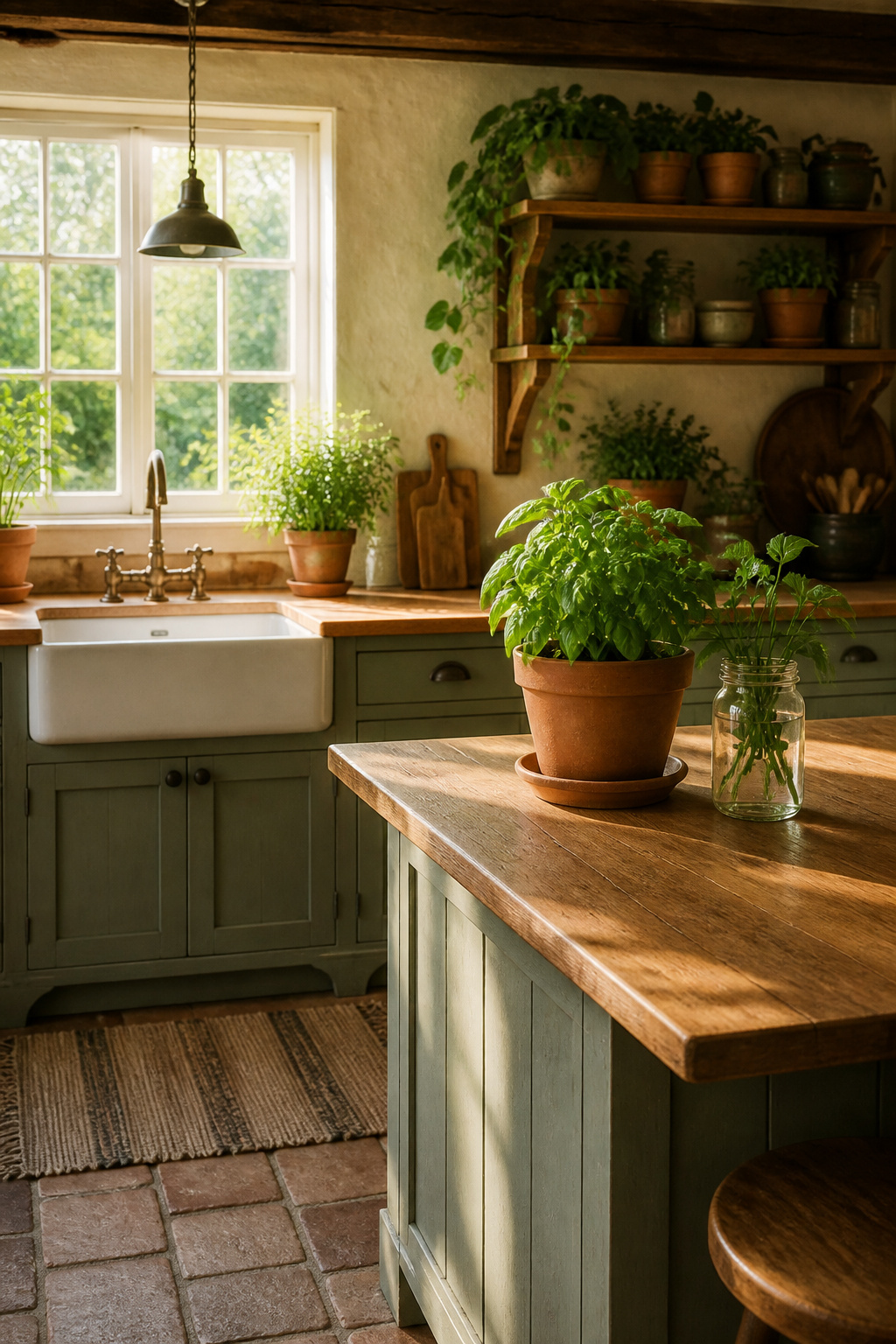 Decorative herb planters filled with fresh herbs on a kitchen counter.