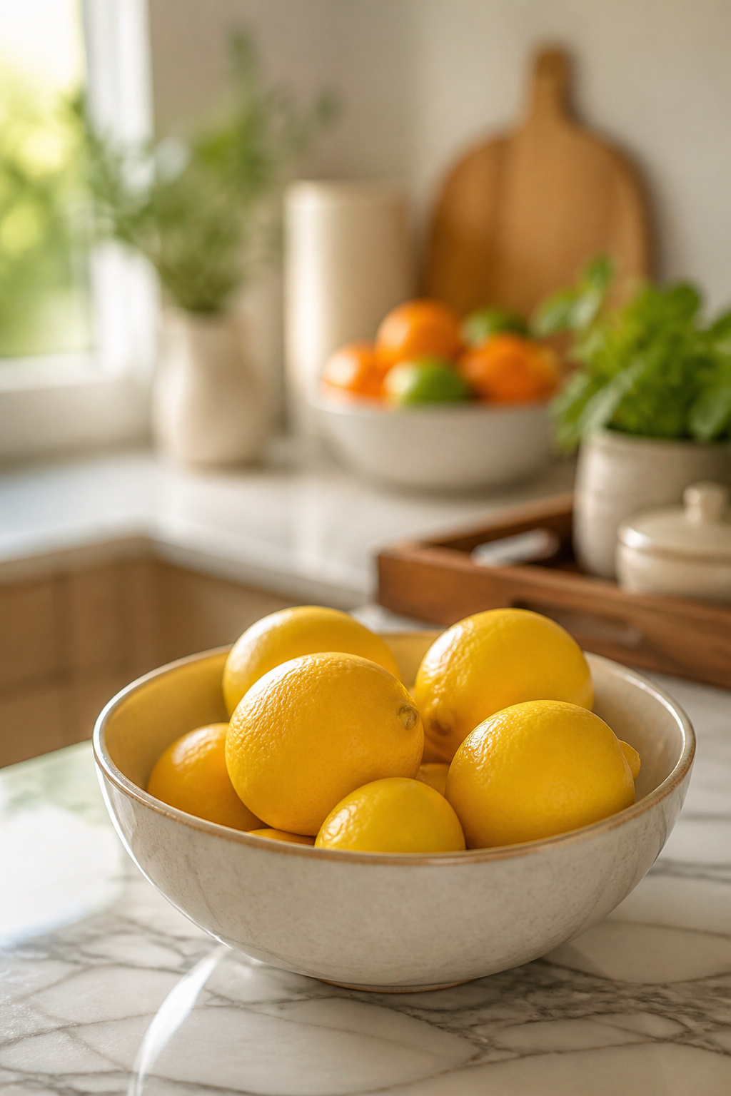 A bowl of lemons displayed on a kitchen counter.