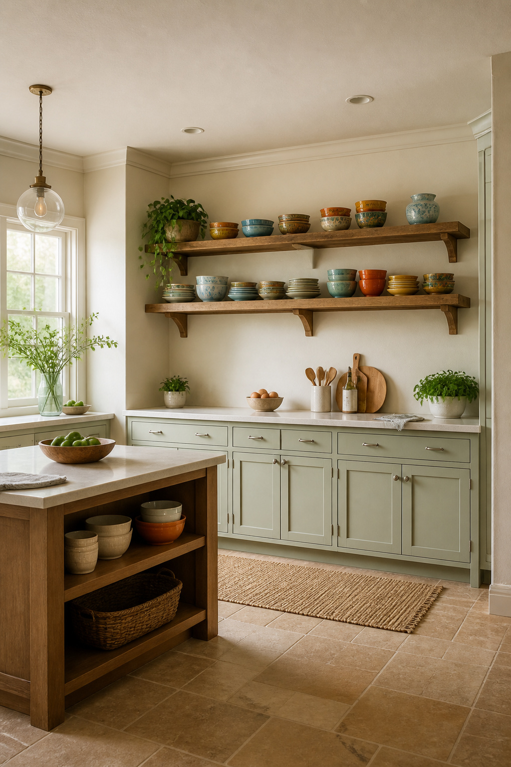 Open shelving combined with standard cabinets in a kitchen.