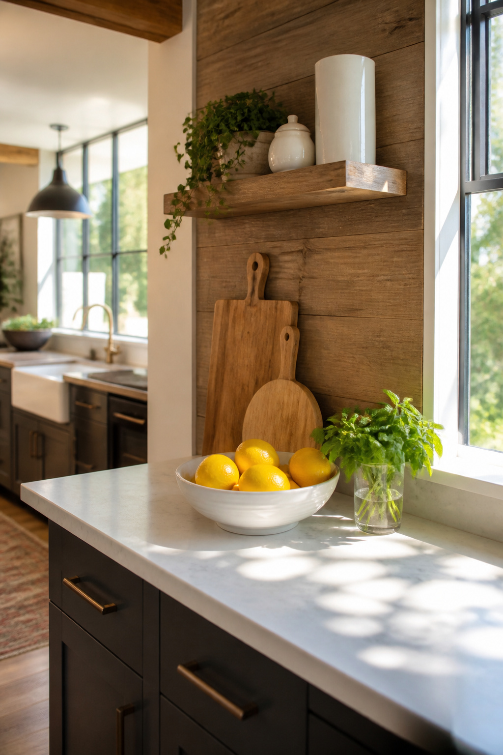 A vignette with lemons and basil on a kitchen countertop.