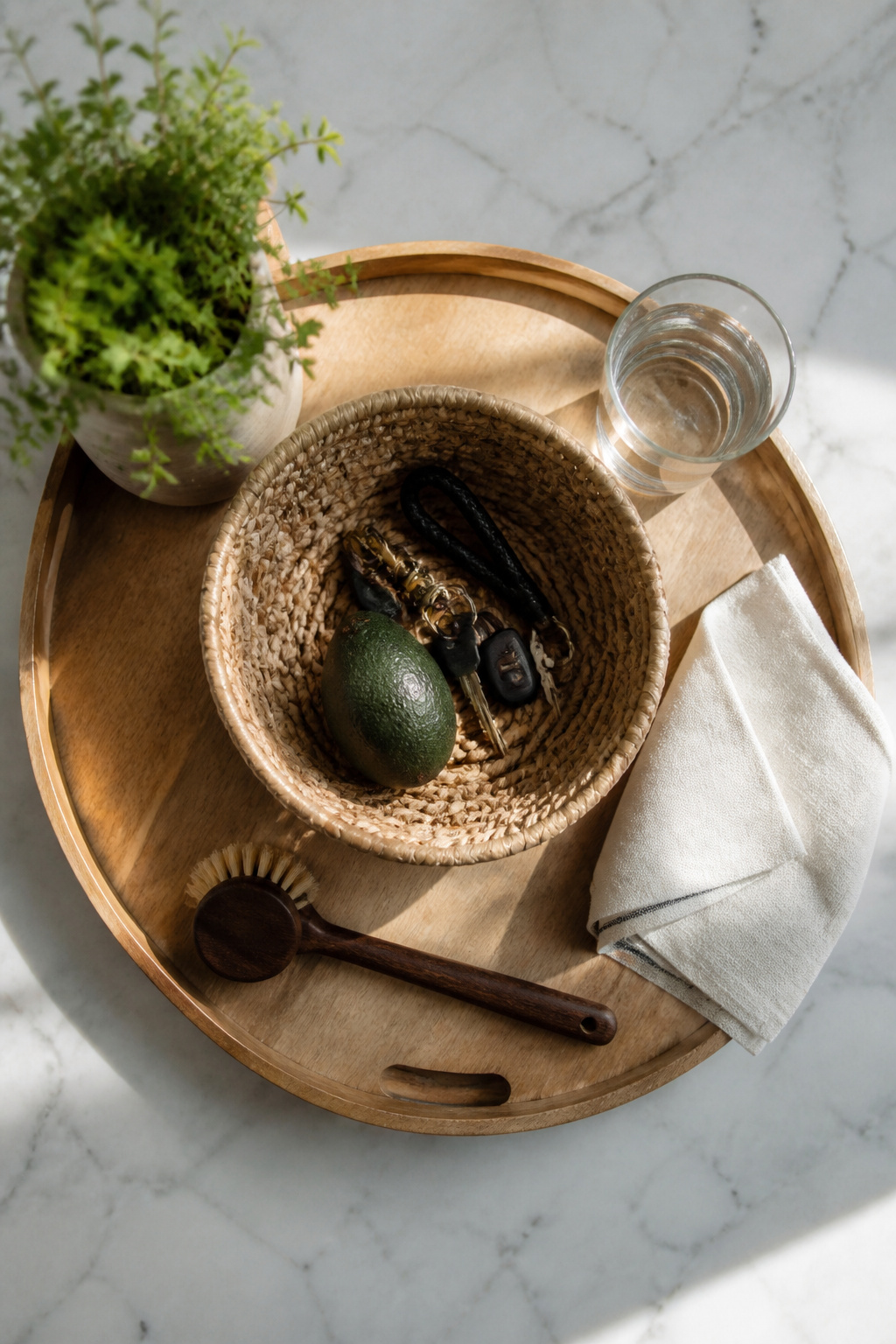 A woven basket on a casual tray with various items.