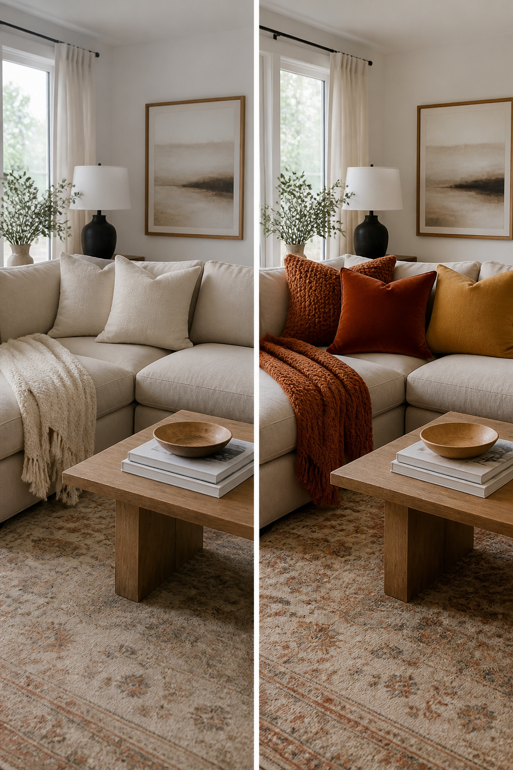 Throw pillows in rust orange and mustard yellow on a sofa.