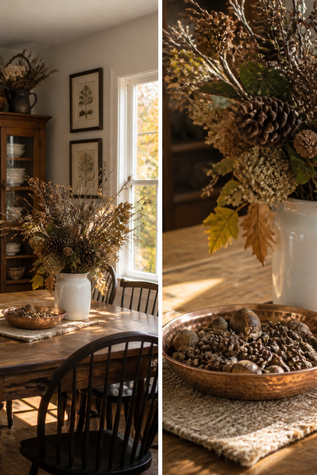 Branches, pinecones, and dried flowers arranged in a vase.