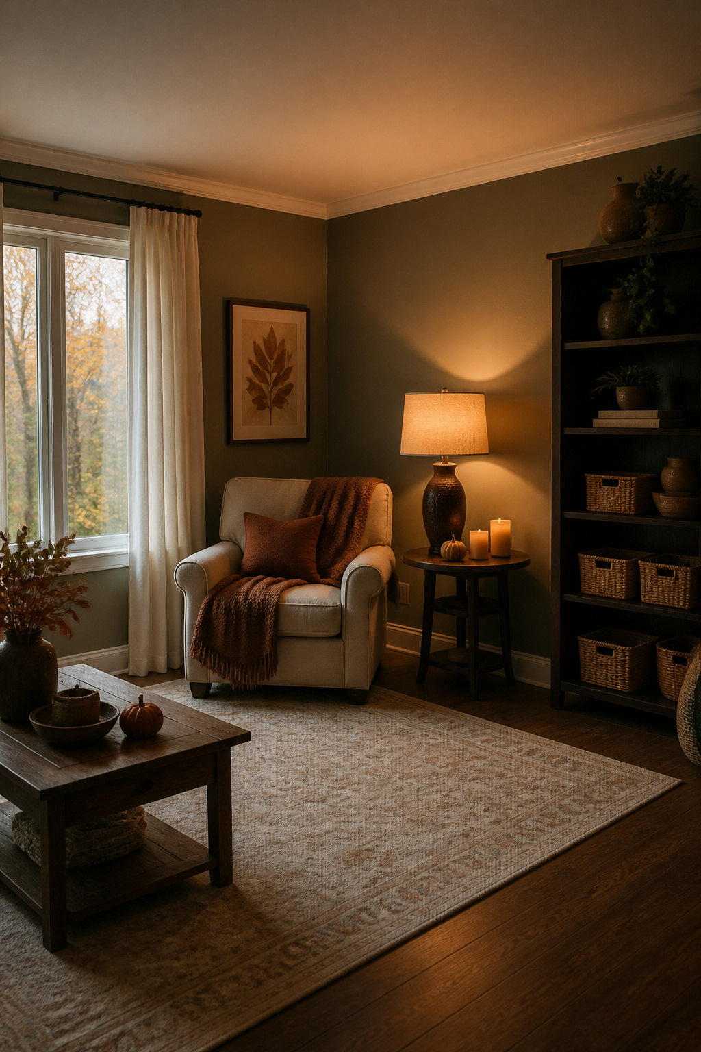 Living room lamps with soft white light bulbs illuminating the space.