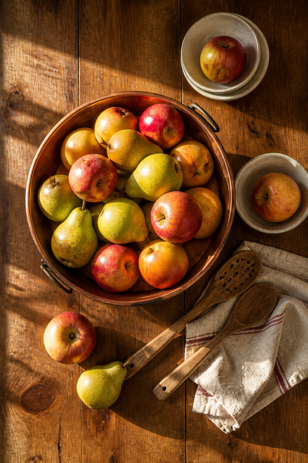 A copper bowl with apples and pears displayed on a table.