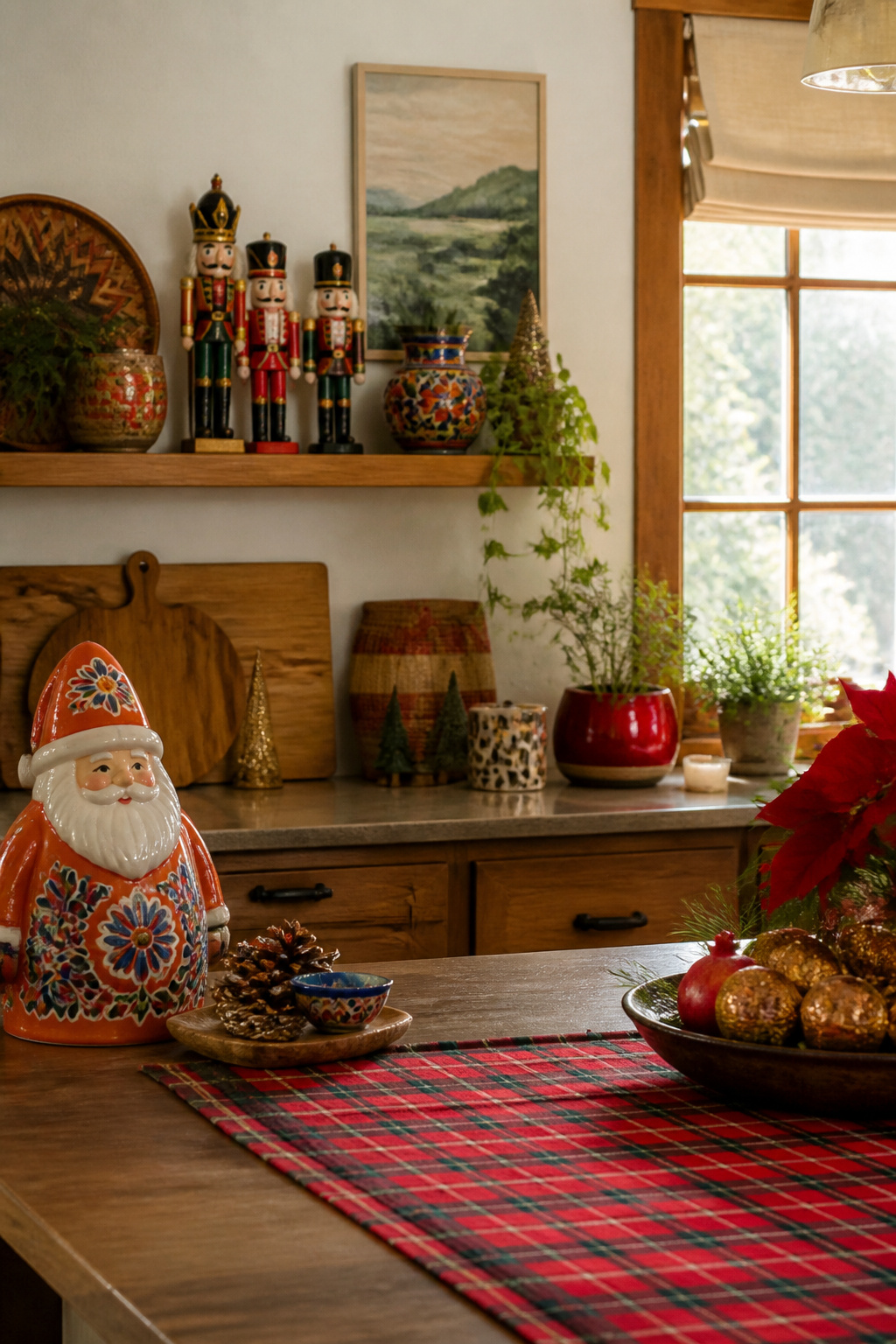 Colorful ceramic Santa and nutcracker set displayed together on a shelf.