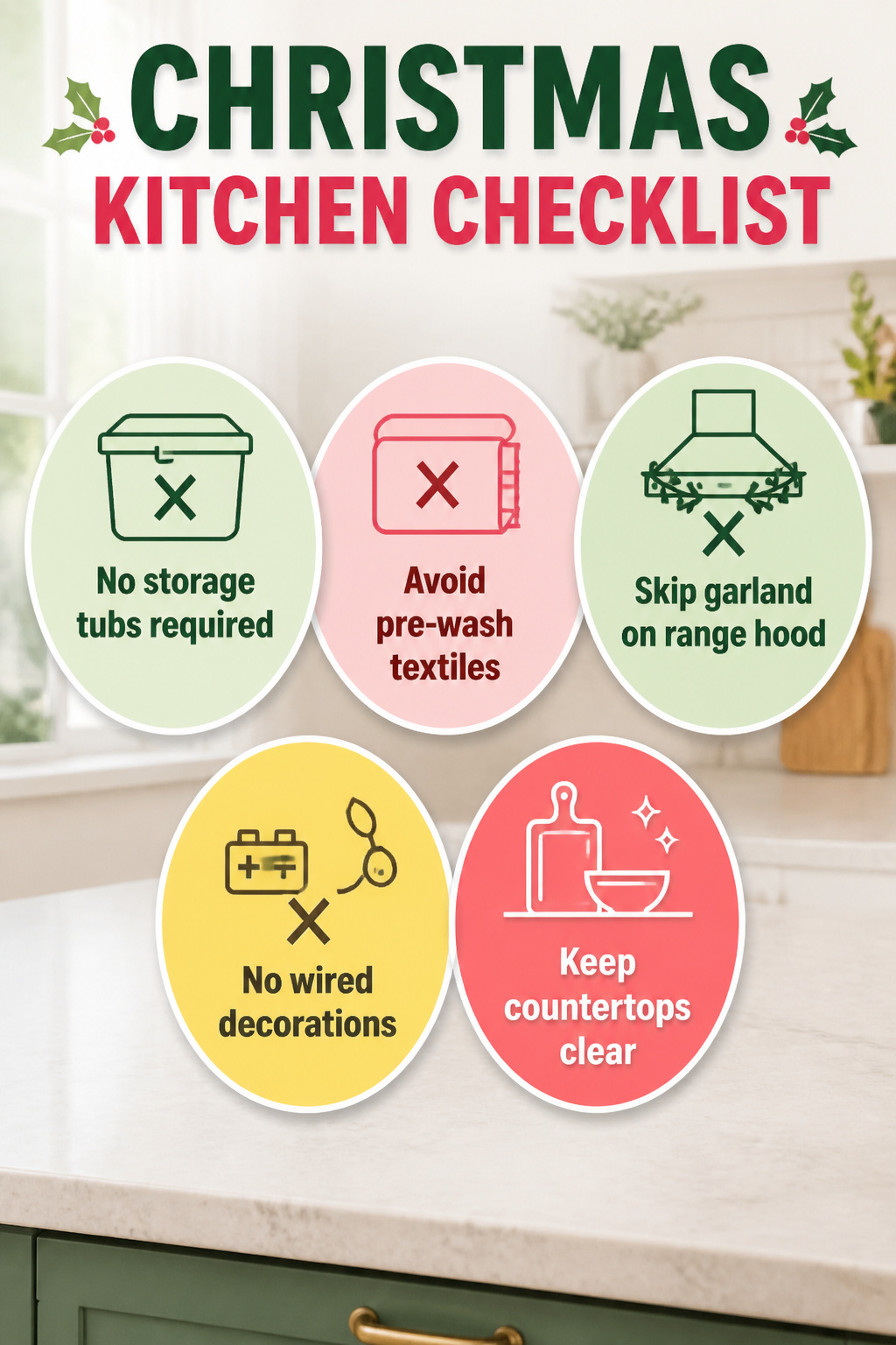 Checklist for Christmas kitchen decorations and practical considerations.