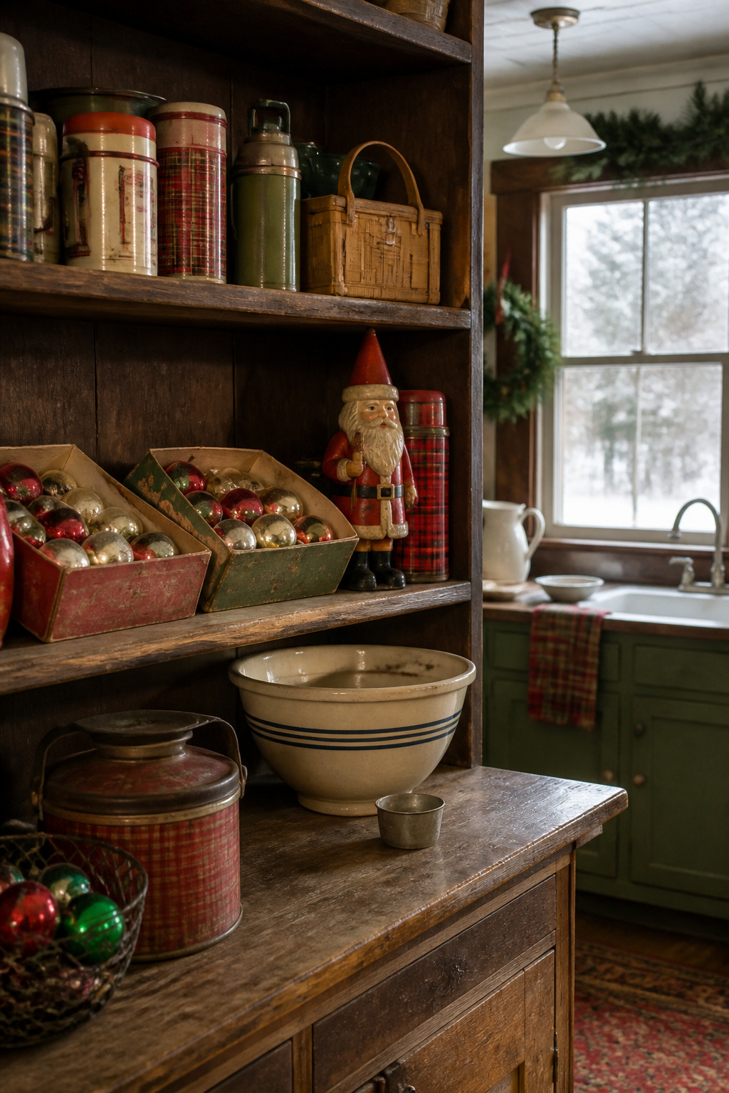 Vintage Christmas decor displayed on an open shelf in a kitchen.