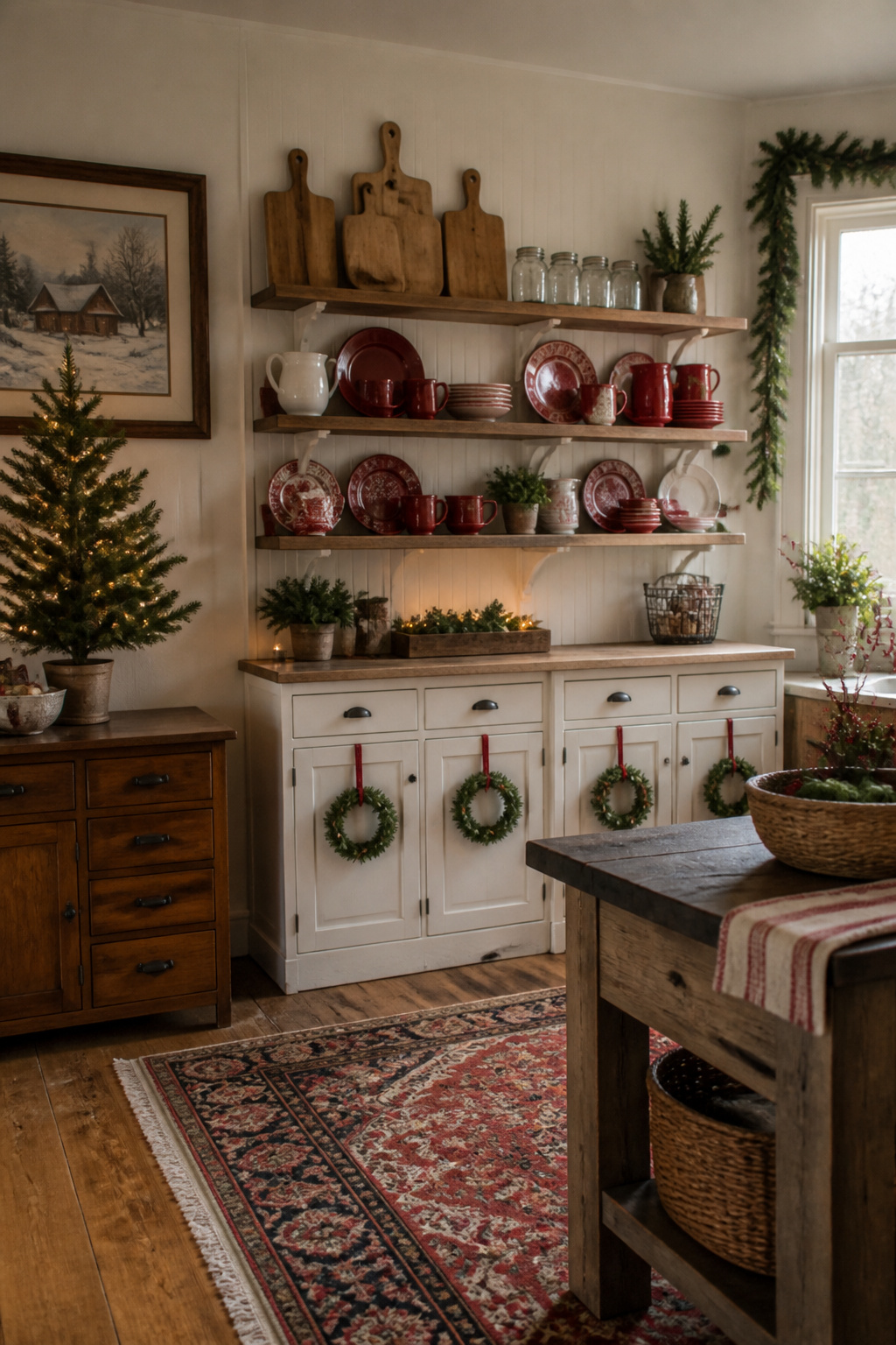 Open shelves decorated with red dishware and seasonal decor.