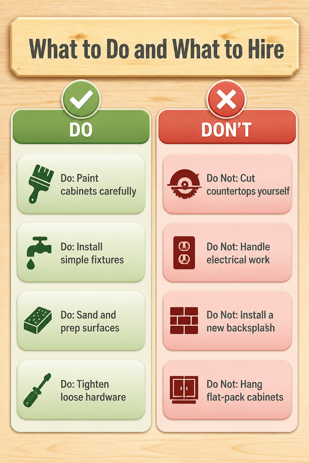 Chart showing DIY tasks versus hiring professionals for kitchen updates.