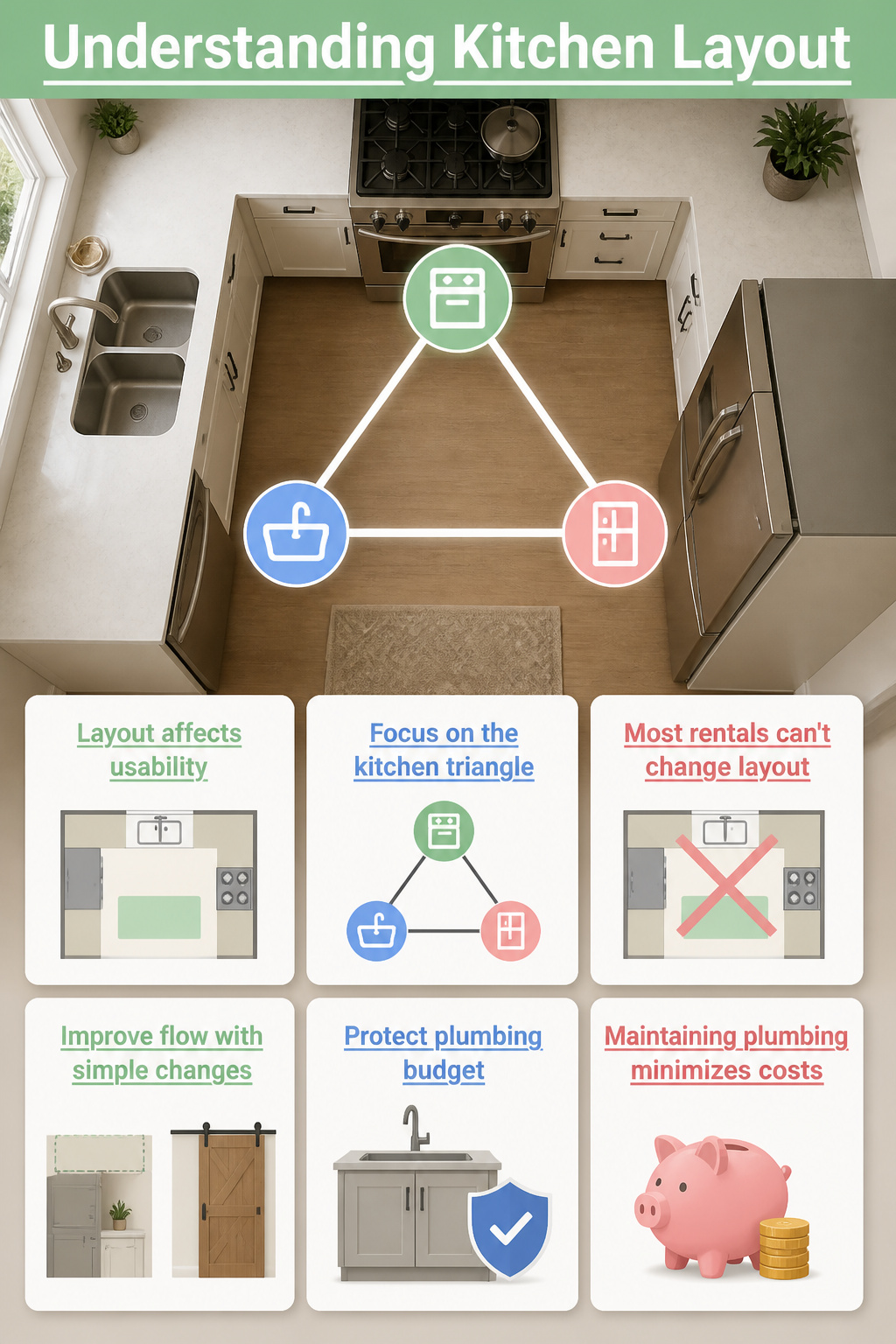 Diagram illustrating an efficient kitchen layout.