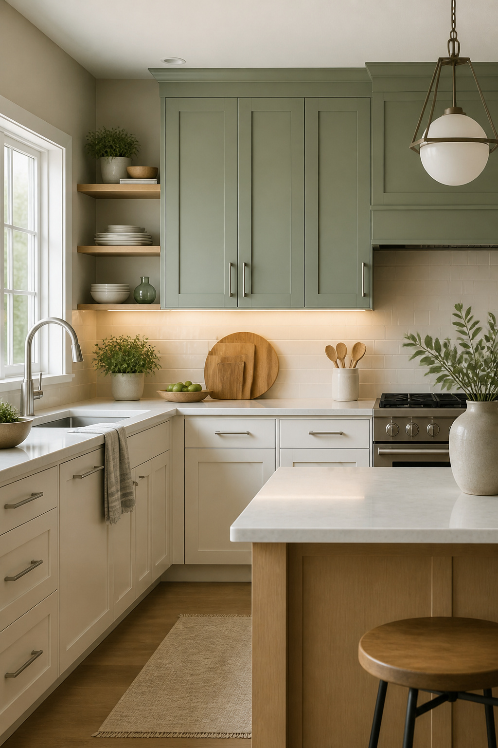 Kitchen with two-tone painted cabinets and under-cabinet lighting.