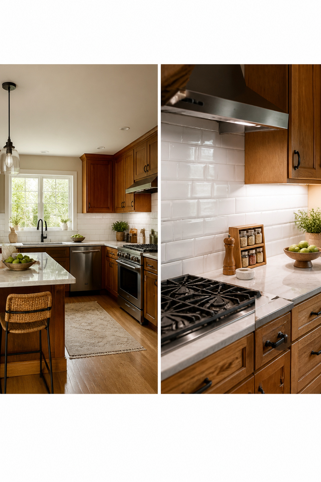 A kitchen backsplash featuring glossy subway tiles.