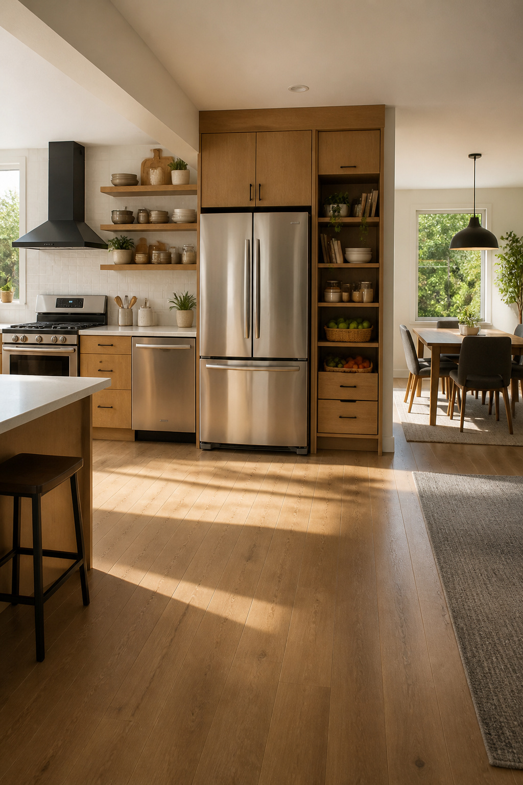 Modern kitchen appliances including a refrigerator and stove.