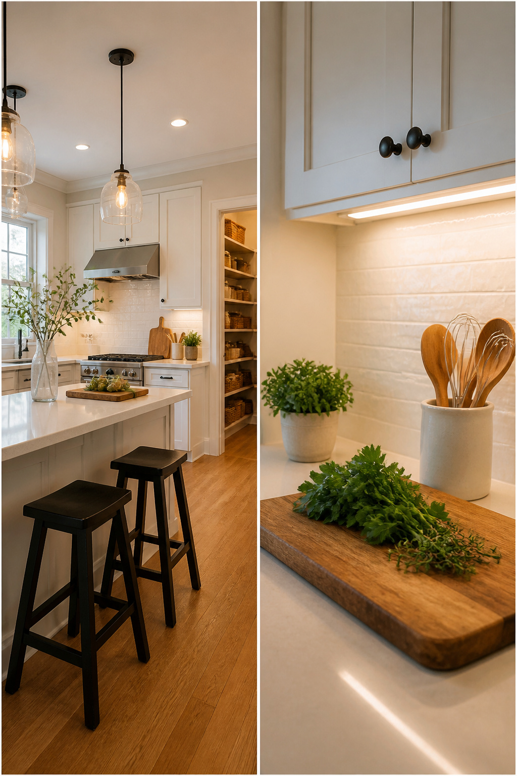 LED strip lights installed under kitchen cabinets.