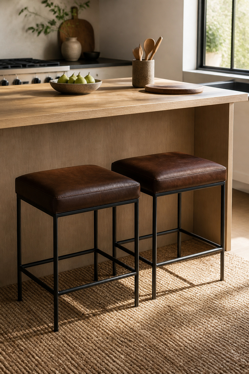 Backless upholstered stools with leather seats under a kitchen island.