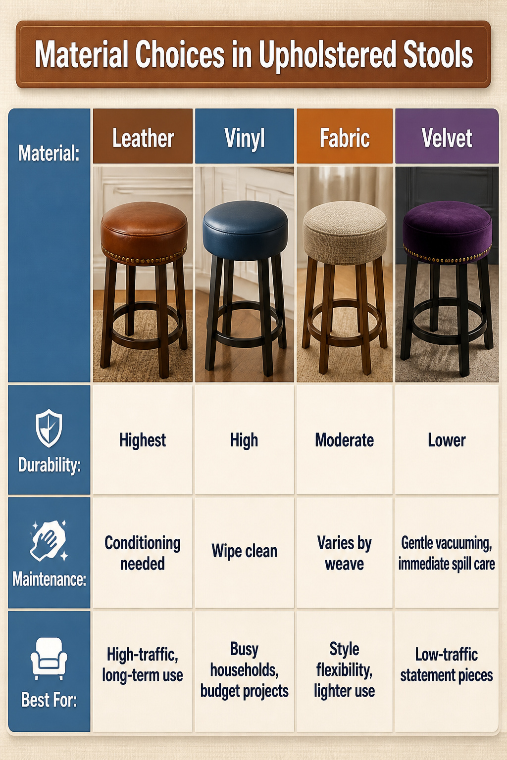 Chart depicting material choices for upholstered stools with durability and maintenance.