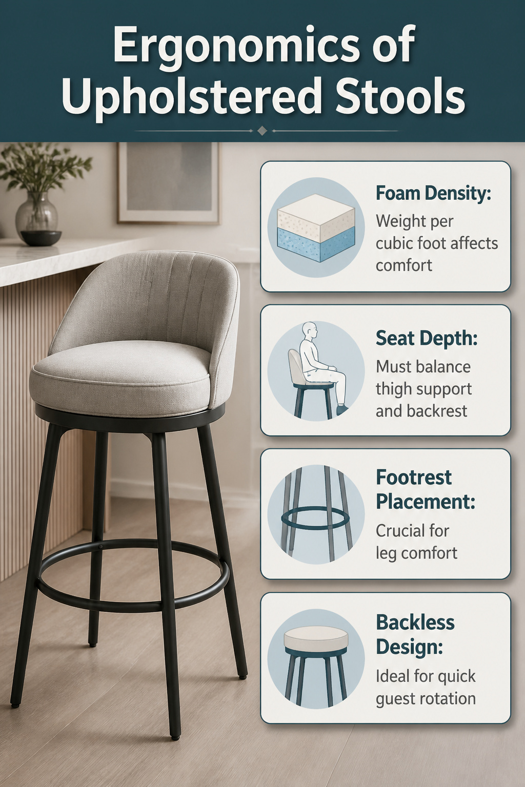 Diagram illustrating the ergonomics of upholstered stools focusing on foam density.
