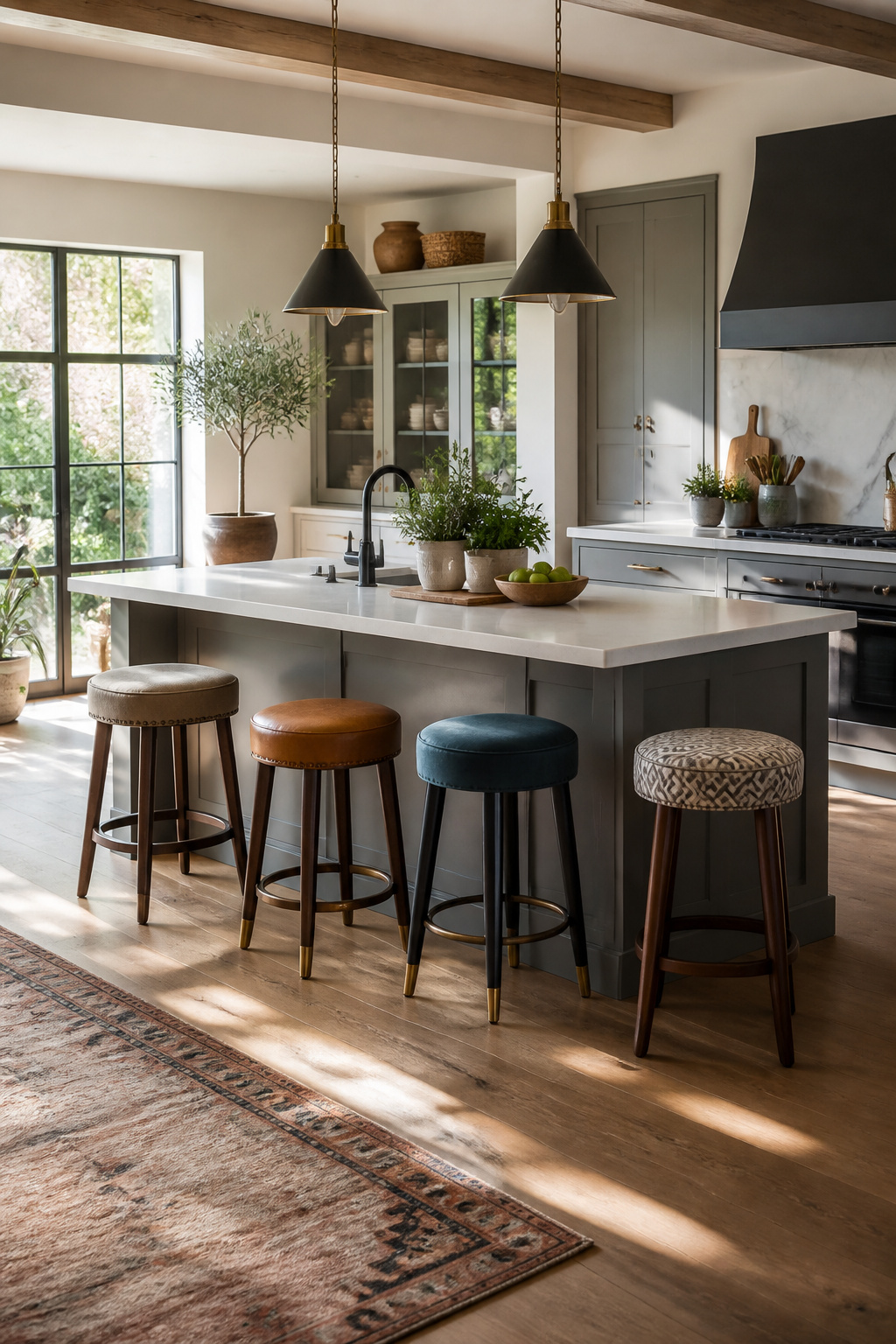Upholstered stools displaying various fabrics and leg styles for versatility.