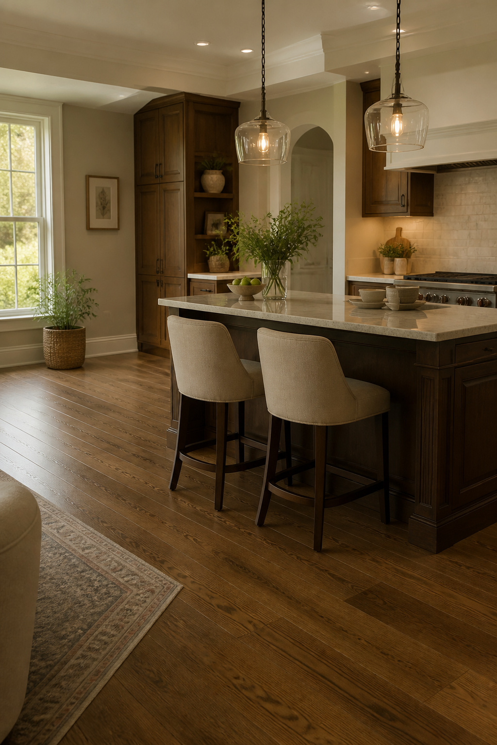 Stools with upholstered backs tucked against a kitchen counter.