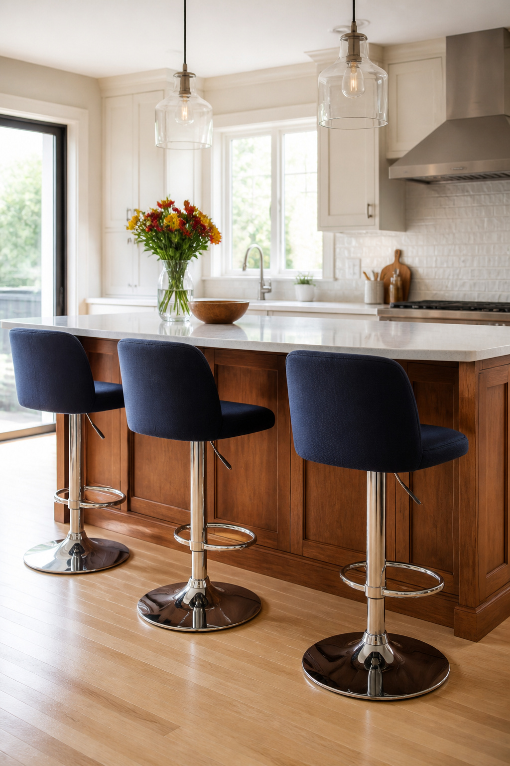 Navy upholstered swivel stools with chrome bases by a kitchen island.