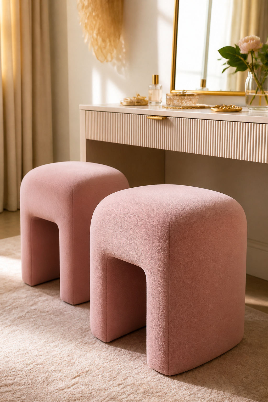 Fully-upholstered stools with fabric covering the legs and seats.