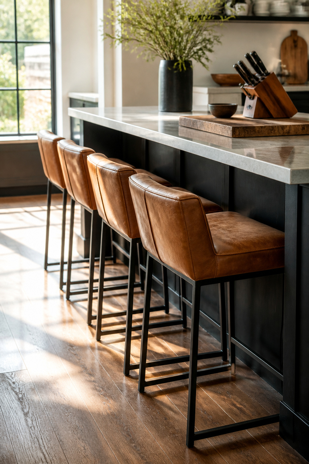 Leather upholstered stools with tan upholstery arranged at a kitchen island.