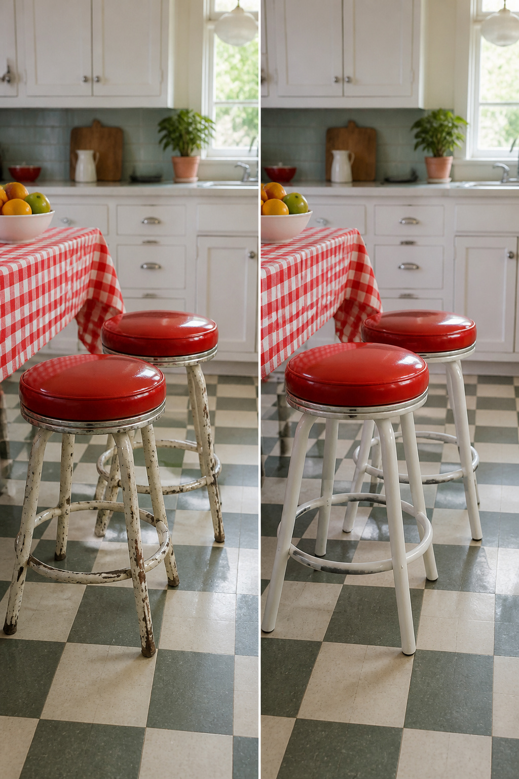 Vinyl upholstered stools with a sheen around a kitchen counter.