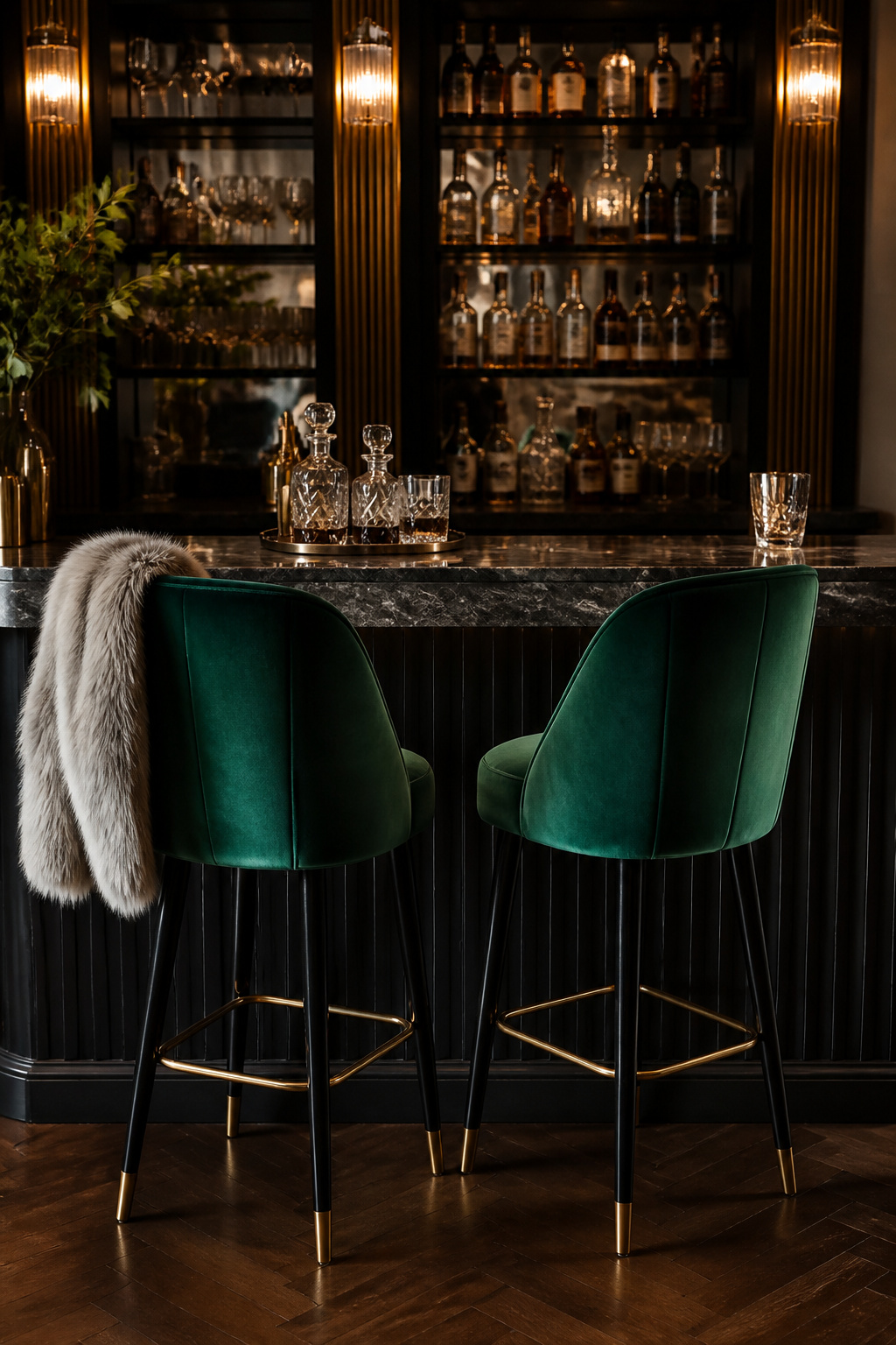 Emerald green velvet stools placed at a luxurious home bar.