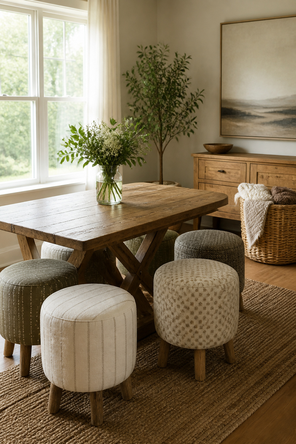 Earth-toned fabric stools clustered around a rustic farmhouse dining table.