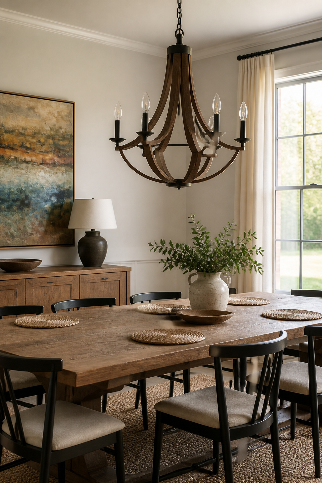 Wine Barrel Chandeliers: Styles and Stores for 2026 2 Crate & Barrel Norwood chandelier with walnut-finished arms and a modern dining room.