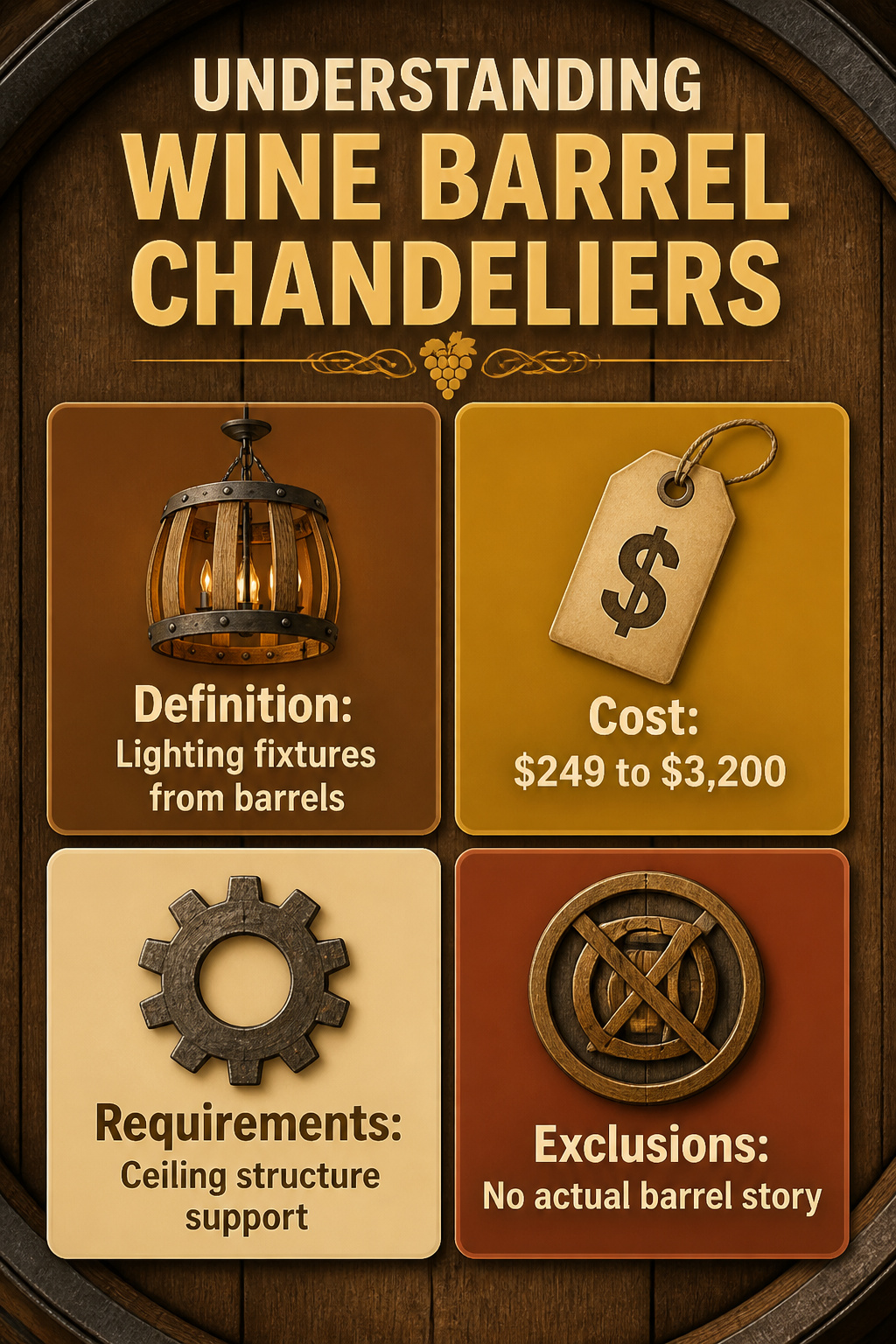 Wine Barrel Chandeliers: Styles and Stores for 2026 8 Information graphic on wine barrel chandeliers and their construction.