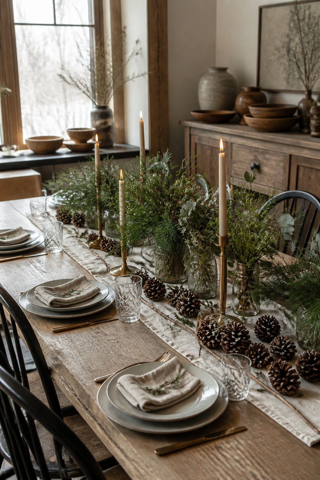 A central arrangement of evergreen clippings and eucalyptus with brass candlesticks.
