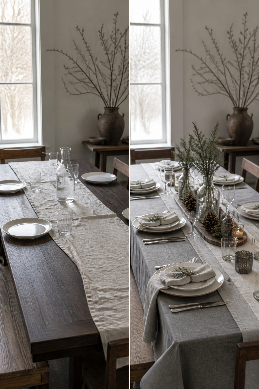 Layered linens in soft greys and whites with wood accents on the table.