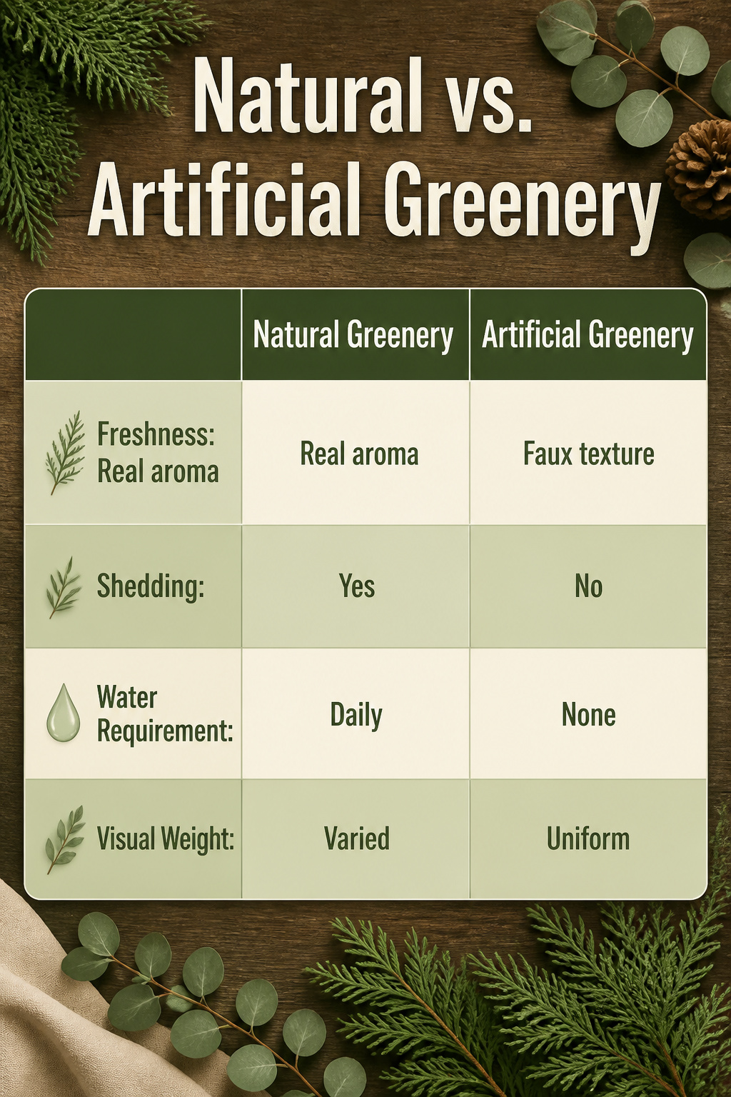 A mix of real and faux greenery used for a winter tablescape.
